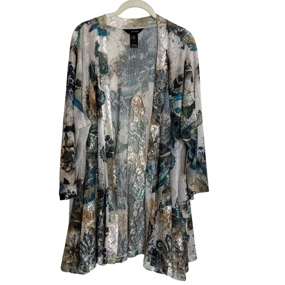 Ali Miles Open Front Kimono 2X Sheer Mesh Lace Multicolor Floral Peacock Feather
